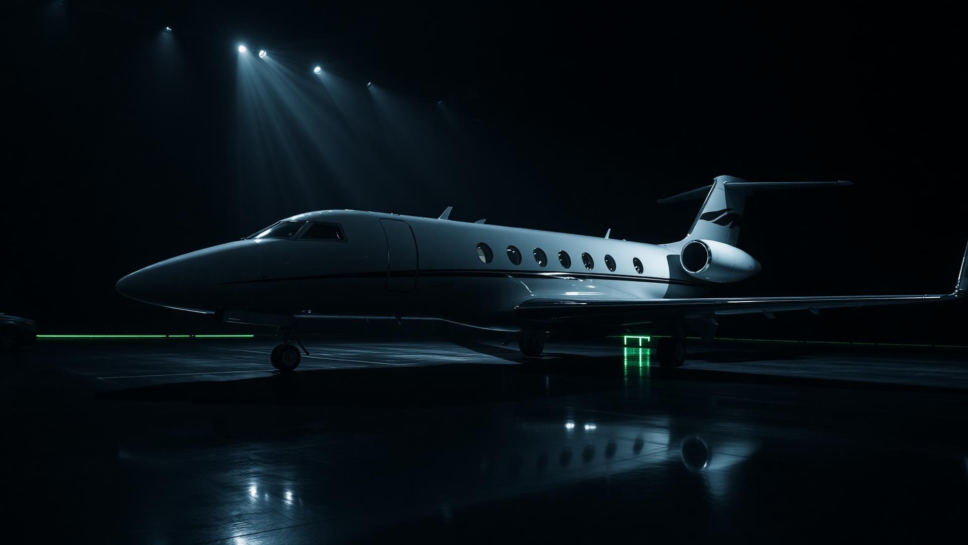 Jato executivo em hangar sob iluminação controlada